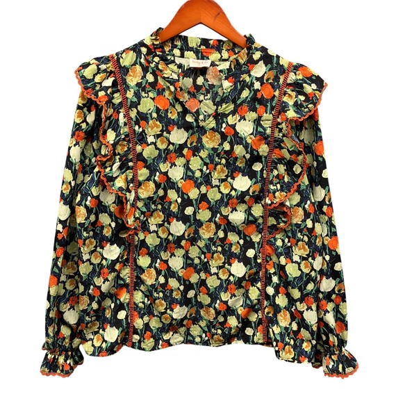 hailey & co Tops - Hailey & Co Blouse Women's Large Black Orange Green Floral Ruffle V Neck Boho